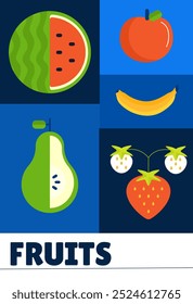 Poster with food. Watermelon, pear, banana and apple. Natural and fresh fruits with vitamins. Flyer, brochure and leaflet. Vegetarian diet and nutrition. Flat vector illustration