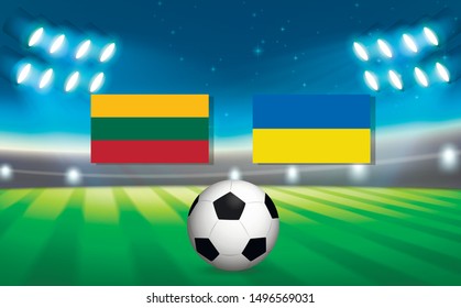 Poster of a football match between the national teams of Lithuania and Ukraine. Football stadium. Vector graphics.