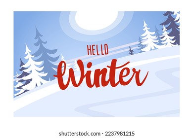 Poster in the forest with winter letters. Beautiful winter landscape. Postcard background winter. Vector illustration