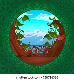 Poster in form of image of the view from balcony of an old castle on the mountain in round green border frame with ornament. Card, placard, banner with landscape. Vector cartoon close-up illustration.