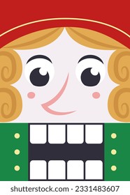 Poster in form of nutcracker face. Christmas placard in flat style.