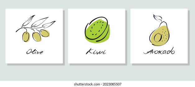 Poster in the form of olives, kiwi and avocado fruits. Set of cute posters for the kitchen. Vector, linear pattern on a white background for packaging, gifts, textiles, wallpapers, clothes, prints