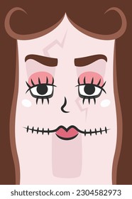 Poster in form of porcelain doll face. Halloween placard in flat style.