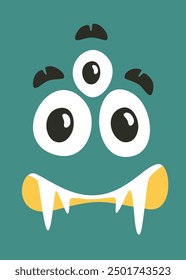 Poster in form of three-eyed monster face. Creative Halloween placard.