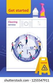 Poster in the form of washing machine. Team of cleaning service working at office and house. Vector illustration