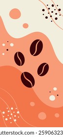 Poster with four coffee beans on abstract orange and white background. Banner with coffee design.Template for advertising, posters, social media, decorations, cards.Design element.Vector illustration.