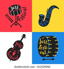 Poster with four jazz instruments. Snare drum, saxophone, double bass, bass drum with lettering. Perfect for music events, jazz concerts and festivals. Vector illustration.