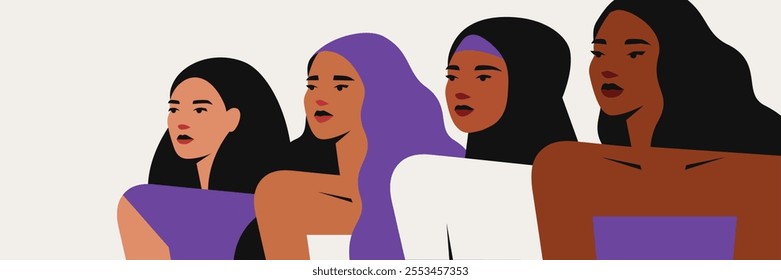 Poster with four women which stand together next to each other. Girls in purple colors for Women's Day. Banner for Empowerment and female rights in society. Vector illustration