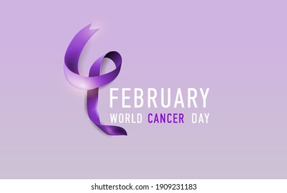 Afiche con una cinta morada de cuatro dígitos y texto y mandamientos a su alrededor en honor al Día Mundial del Cáncer en febrero.