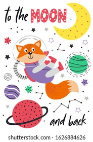 poster with fox in space on white background - vector illustration, eps    