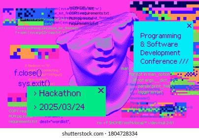 Poster with fragmentary 3D head and pixel artifacts. Vaporwave and retrowave style cover for Programming and Software Development Conference, Hackathon.