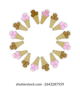 Poster, frame chocolate, fruit ice cream, place for text. Banner food. Waffle cone, frozen dessert, drawing. Summer season. Illustration, design of poster, banner, menu, bar, cafe, recipes, restaurant