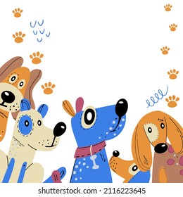 Poster frame with dogs of different breeds. Abstract elements drawn by hand. Vector card, poster or holiday invitation