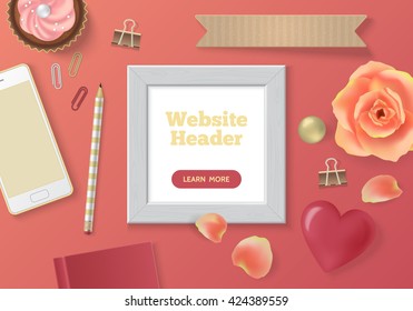 Poster frame and feminine objects realistic vector illustration. Website banner design. Desk top view