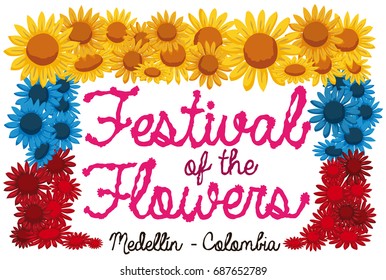 Poster with a frame made with flowers with the Colombian flag colors to celebrate Festival of the Flowers.
