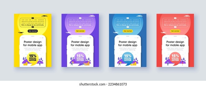 Poster frame with phone interface. 15 percent discount offer tag. Sale price promo sign. Special offer symbol. Cellphone offer with quote bubble. Discount message. Vector