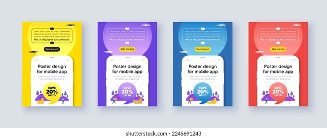 Poster frame with phone interface. Save up to 20 percent tag. Discount Sale offer price sign. Special offer symbol. Cellphone offer with quote bubble. Discount message. Vector