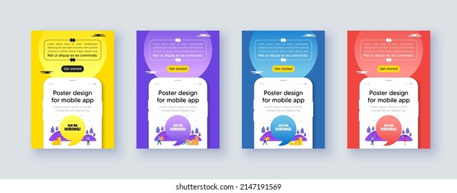 Poster frame with phone interface. We are hiring tag. Recruitment agency sign. Hire employees symbol. Cellphone offer with quote bubble. Hiring message. Vector