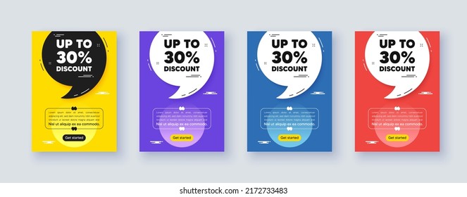 Marco del afiche con cita, coma. Hasta un 30% de descuento. Señal de precio de oferta de venta. Símbolo de oferta especial. Ahorra 30 por ciento. Las citas ofrecen burbuja. Mensaje de etiqueta de descuento. Vector