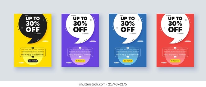 Poster frame with quote, comma. Up to 30 percent off sale. Discount offer price sign. Special offer symbol. Save 30 percentages. Quotation offer bubble. Discount tag message. Vector