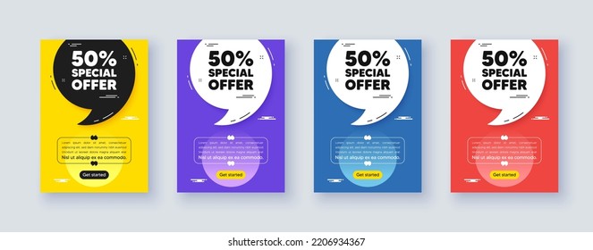 Poster frame with quote, comma. 50 percent discount offer tag. Sale price promo sign. Special offer symbol. Quotation offer bubble. Discount message. Vector