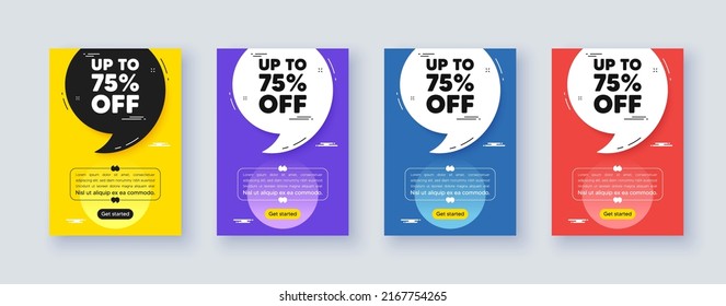 Poster frame with quote, comma. Up to 75 percent off sale. Discount offer price sign. Special offer symbol. Save 75 percentages. Quotation offer bubble. Discount tag message. Vector