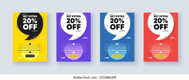 Poster frame with quote, comma. Get Extra 20 percent off Sale. Discount offer price sign. Special offer symbol. Save 20 percentages. Quotation offer bubble. Extra discount message. Vector