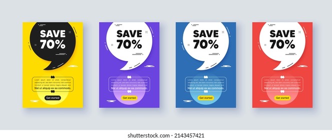 Poster frame with quote, comma. Save 70 percent off tag. Sale Discount offer price sign. Special offer symbol. Quotation offer bubble. Discount message. Vector