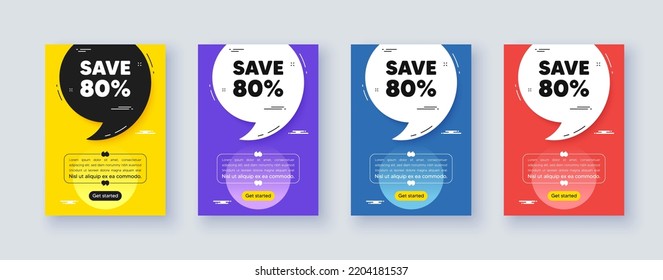Poster frame with quote, comma. Save 80 percent off tag. Sale Discount offer price sign. Special offer symbol. Quotation offer bubble. Discount message. Vector