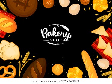 Poster frame template with bread products on black chalkboard. Cartoon vector illustration. Rye, whole grain bread and pretzel, muffin, pita , ciabatta and wheat bread, croissant, bagel, french