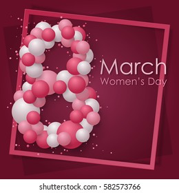 Poster with frame and white, red and pink balls, balloons, confetti, dust shape 8 march sign with lettering. Greeting card template. Vector illustration. Elements for banner, holiday, party.