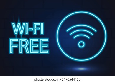 poster free wifi signal, connection, text blue neon glow, on the background of brick wall, for night club, bar