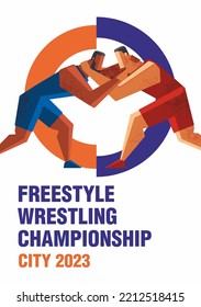 Poster freestyle wrestling. Painted stylish athletes are fighting