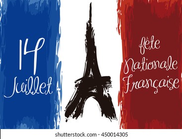 Poster with French flag and Eiffel Tower in brushstrokes styles commemorating National Day of France (image text in French).