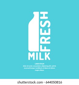 Poster fresh milk with the silhouette of the bottle and text, vector illustration in flat minimalistic style on a blue background