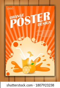 poster for fresh orange fruit juice business with two glasses of orange and fresh real orange complemented by juice splash water
