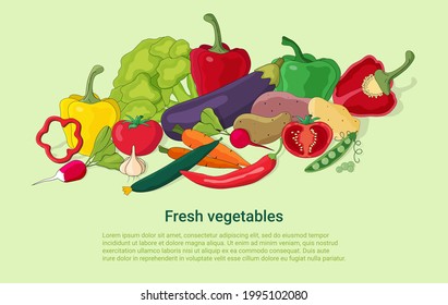 Poster of Fresh vegetables.Different vegetables on a light green background.Zucchini, eggplant, radishes, carrots,broccoli, tomatoes, peppers and potatoes.Illustration in the drawing style.