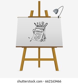 Poster for Friday the thirteenth on easel. Vector illustration.