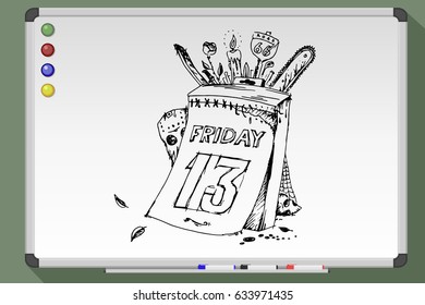 Poster for Friday the thirteenth on whiteboard. Vector illustration.