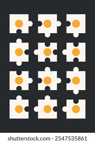 Poster with fried eggs in form of puzzles. Illustration in creative flat style.