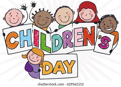 Poster with friendly multi-ethnic kids holding a greeting sign to celebrate Children's Day.