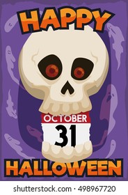 Poster with frighted skull with ghost around it and a loose-leaf calendar reminder of Halloween in October 31.