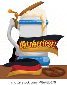 Poster with frothy beer in elegant porcelain stein with Germany flag like ribbon around it and a pretzel to celebrate Oktoberfest.