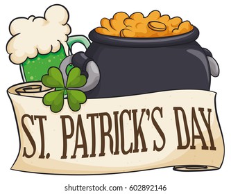 Poster with frothy green beer, lucky clover and pot full of gold behind a greeting scroll for St. Patrick's Day celebration.