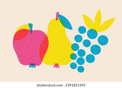 Poster with fruits apple, pear and grapes in risograph style. Vector graphics.