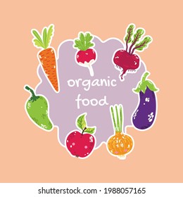 A poster with fruits in a circle and an inscription in the middle. Organic fruits and vegetables. Vector illustration hand-drawn
