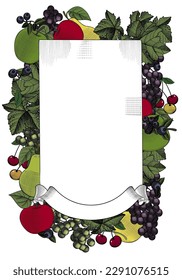 Poster with fruits. Fresh fruits - apples, pears, grapes and cherries. Template for a vegetarian restaurant. Vector illustration.