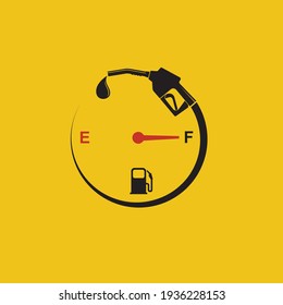 poster with fuel pump nozzle and gasoline gauge isolated on yellow background