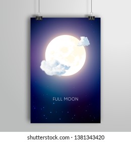 Poster with Full Moon and clouds in the middle of the night starry sky