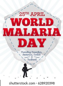 Poster with fumigator man silhouette doing a shield shape, dead mosquitoes, reminder date and some precepts to commemorate World Malaria Day.